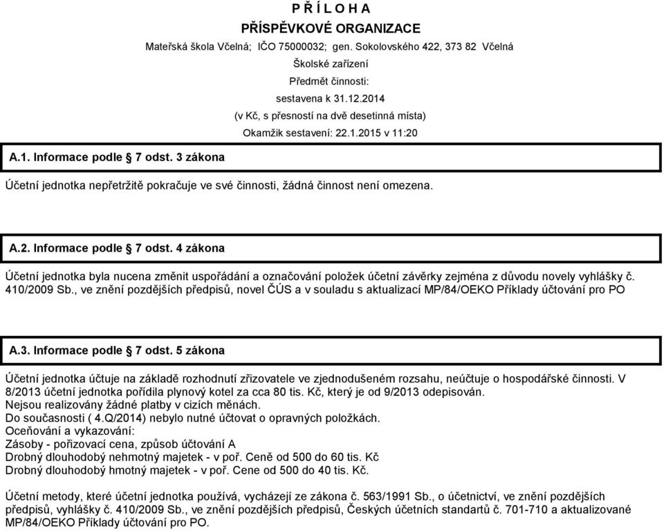 3 zákona Účetní jednotka nepřetržitě pokračuje ve své činnosti, žádná činnost není omezena. A.2. Informace podle 7 odst.