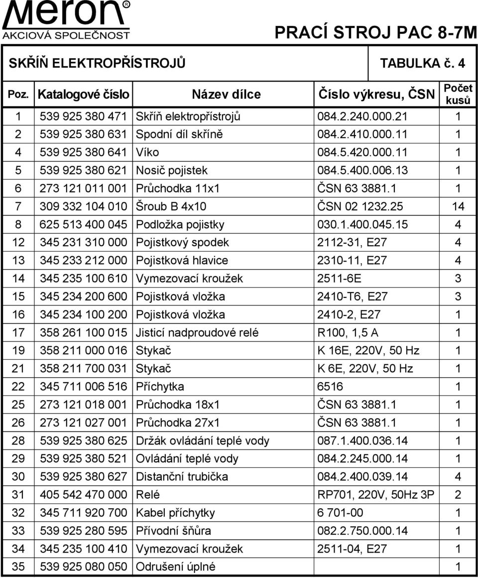 1 1 7 309 332 104 010 Šroub B 4x10 ČSN 02 1232.25 14 8 625 513 400 045 