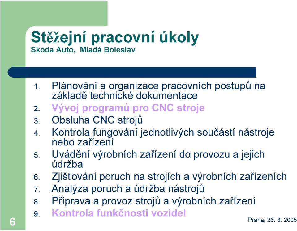 Obsluha CNC strojů 4. Kontrola fungování jednotlivých součástí nástroje nebo zařízení 5.