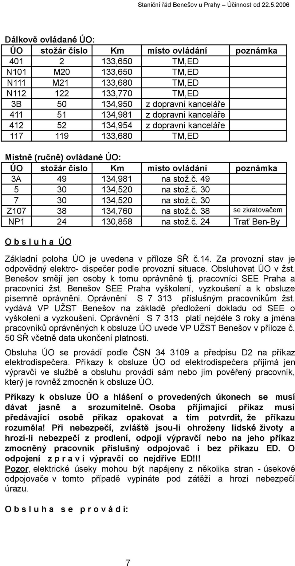 č. 30 7 30 134,520 na stož.č. 30 Z107 38 134,760 na stož.č. 38 se zkratovačem NP1 24 130,858 na stož.č. 24 Trať Ben-By O b s l u h a ÚO Základní poloha ÚO je uvedena v příloze SŘ č.14.