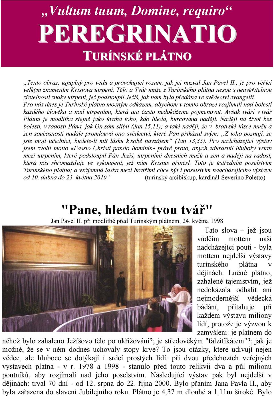 Pro nás dnes je Turínské plátno mocným odkazem, abychom v tomto obraze rozjímali nad bolestí každého člověka a nad utrpeními, která ani často nedokážeme pojmenovat.