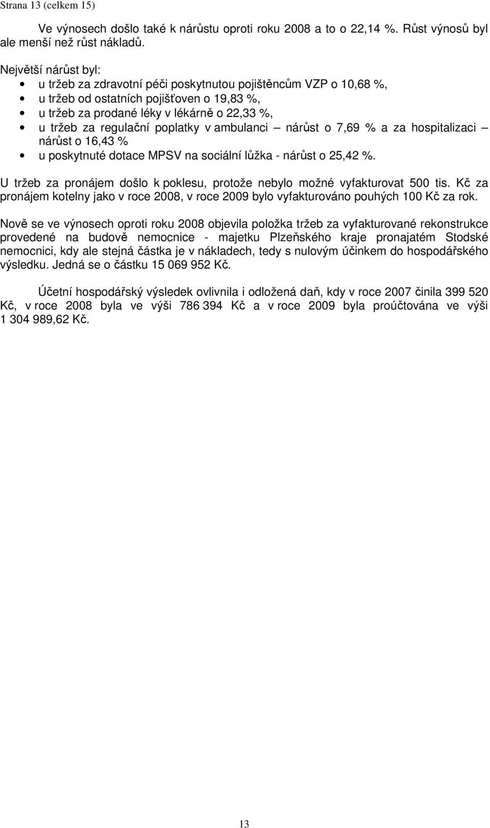 poplatky v ambulanci nárůst o 7,69 % a za hospitalizaci nárůst o 16,43 % u poskytnuté dotace MPSV na sociální lůžka - nárůst o 25,42 %.