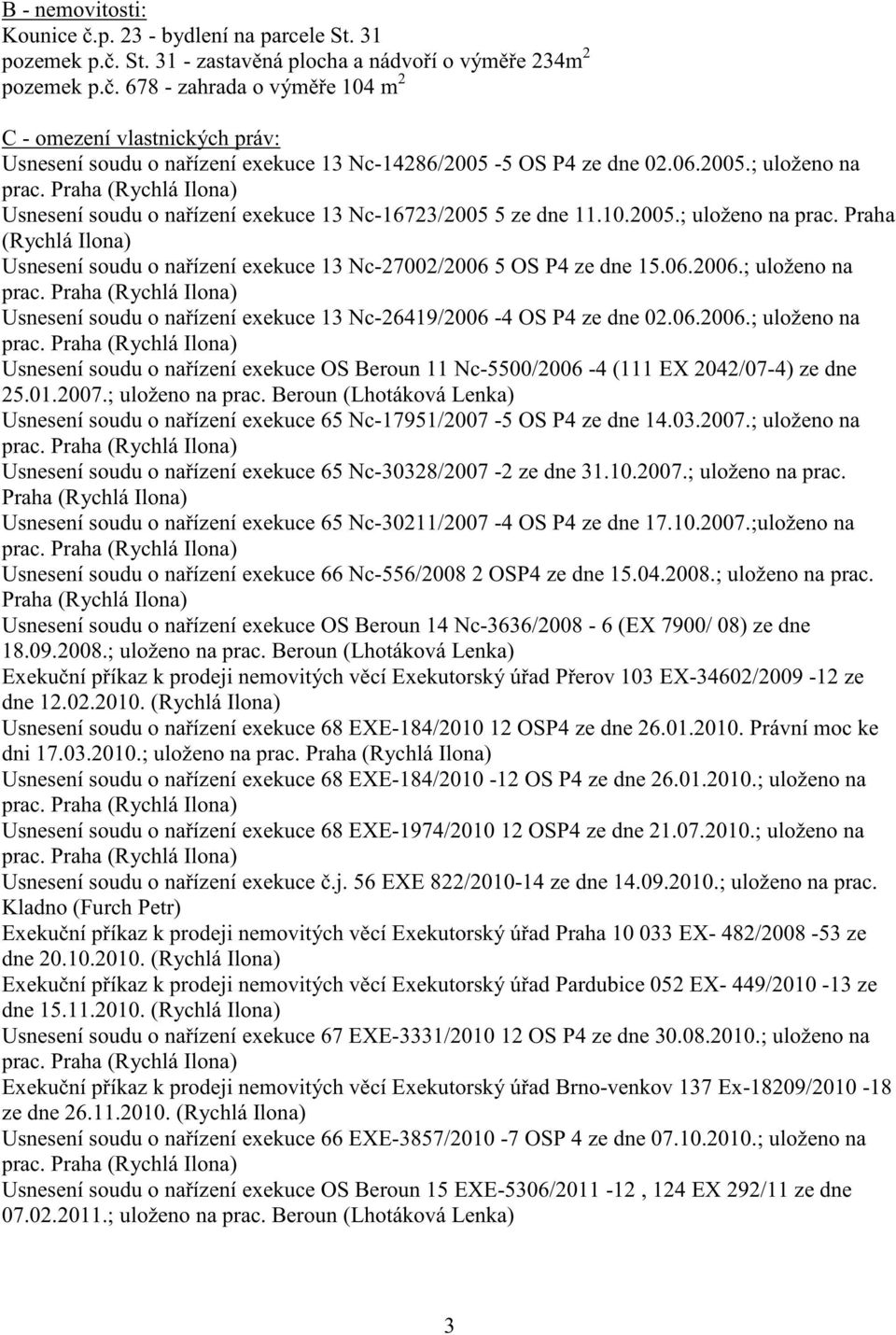 10.2005.; uloženo na prac. Praha (Rychlá Ilona) Usnesení soudu o na ízení exekuce 13 Nc-27002/2006 5 OS P4 ze dne 15.06.2006.; uloženo na Usnesení soudu o na ízení exekuce 13 Nc-26419/2006-4 OS P4 ze dne 02.