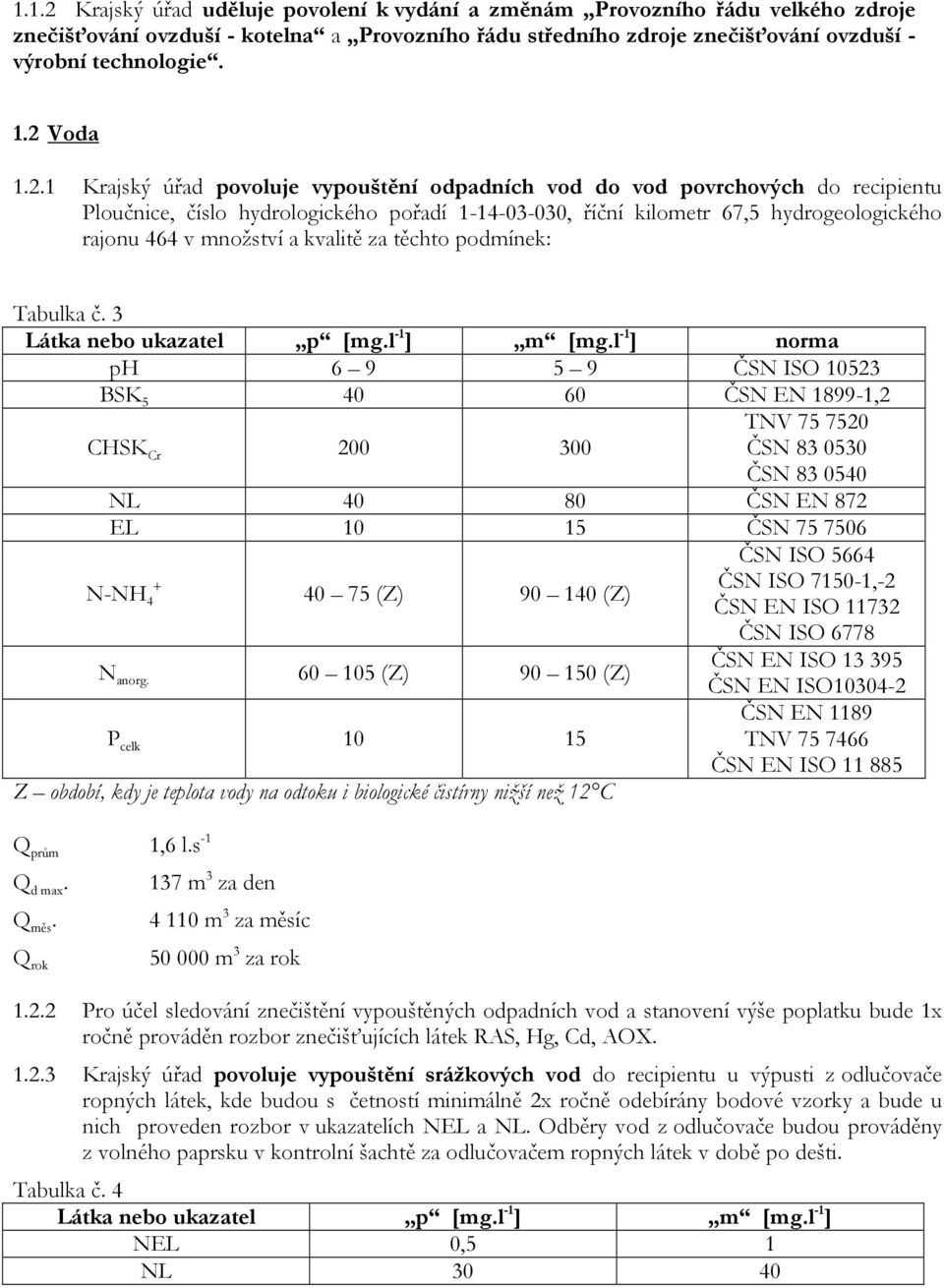 množství a kvalitě za těchto podmínek: Tabulka č. 3 Látka nebo ukazatel p [mg.l -1 ] m [mg.