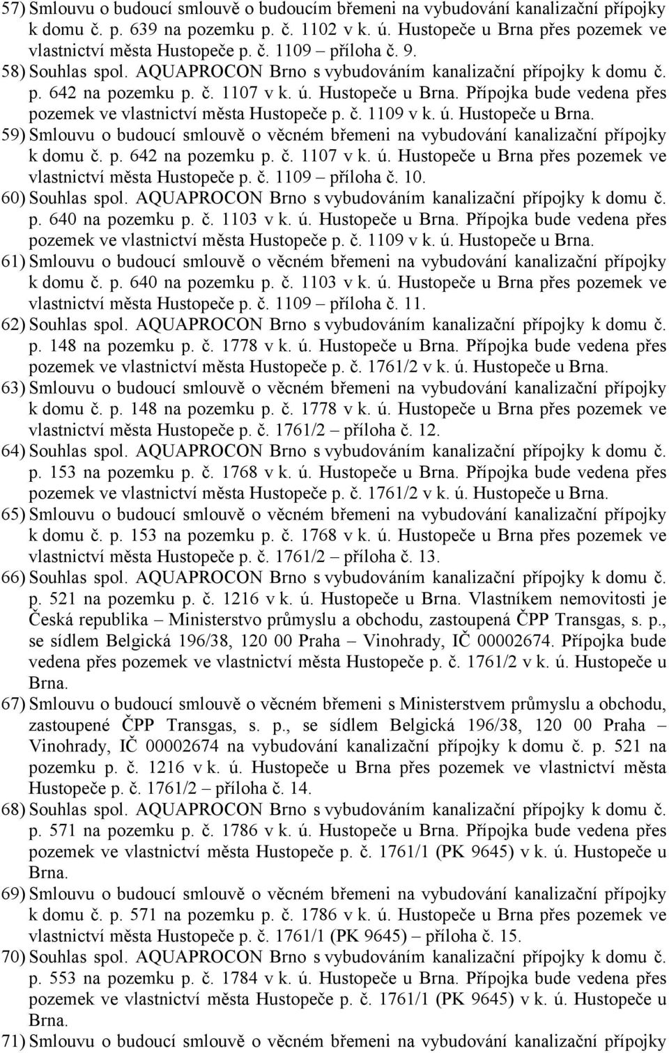 č. 1109 v k. ú. Hustopeče u 59) Smlouvu o budoucí smlouvě o věcném břemeni na vybudování kanalizační přípojky k domu č. p. 642 na pozemku p. č. 1107 v k. ú. Hustopeče u Brna přes pozemek ve vlastnictví města Hustopeče p.