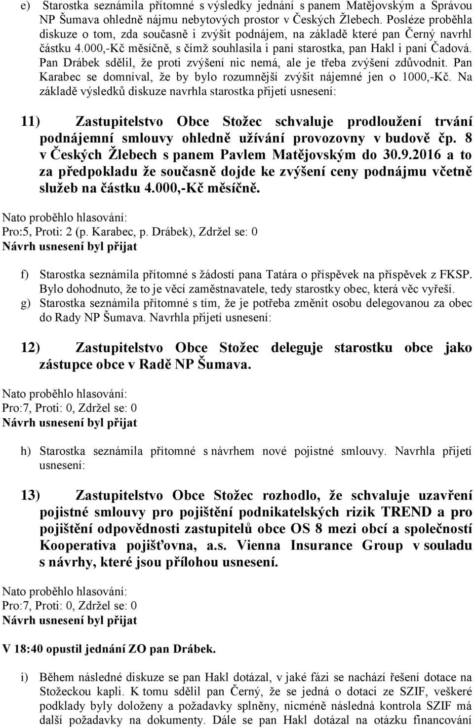 Pan Drábek sdělil, že proti zvýšení nic nemá, ale je třeba zvýšení zdůvodnit. Pan Karabec se domníval, že by bylo rozumnější zvýšit nájemné jen o 1000,-Kč.