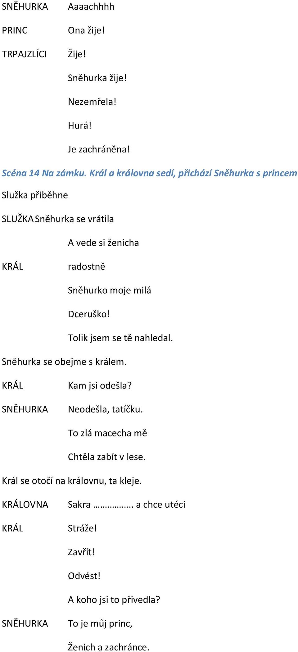 Dceruško! Tolik jsem se tě nahledal. Sněhurka se obejme s králem. KRÁL SNĚHURKA Kam jsi odešla? Neodešla, tatíčku.