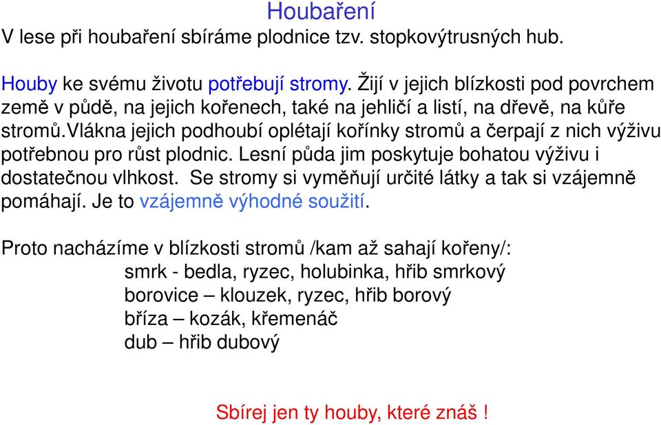 vlákna jejich podhoubí oplétají kořínky stromů a čerpají z nich výživu potřebnou pro růst plodnic. Lesní půda jim poskytuje bohatou výživu i dostatečnou vlhkost.