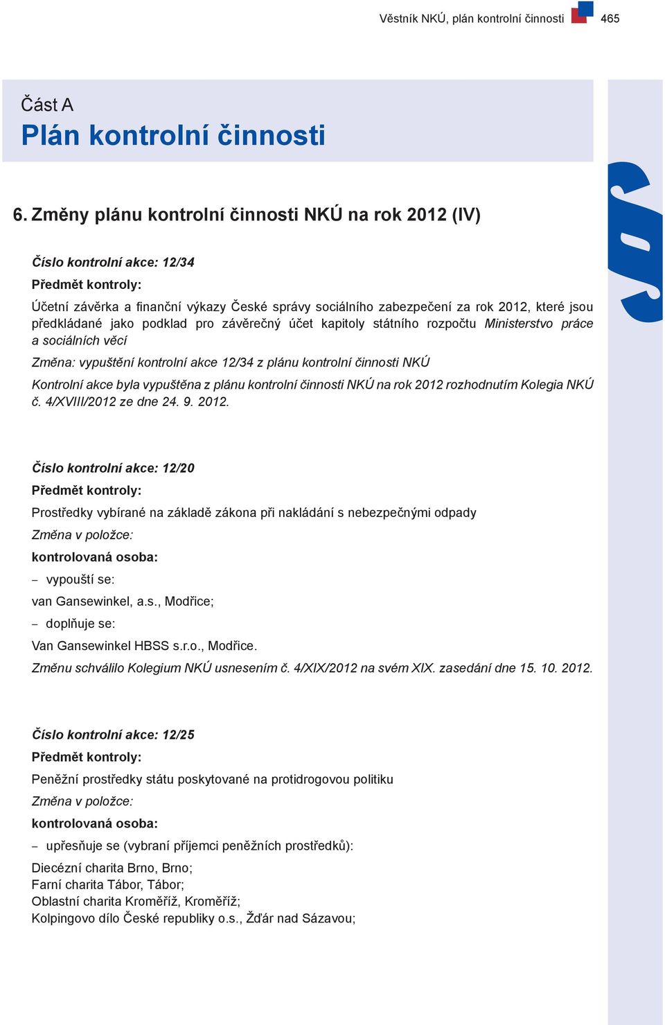 předkládané jako podklad pro závěrečný účet kapitoly státního rozpočtu Ministerstvo práce a sociálních věcí Změna: vypuštění kontrolní akce 12/34 z plánu kontrolní činnosti NKÚ Kontrolní akce byla