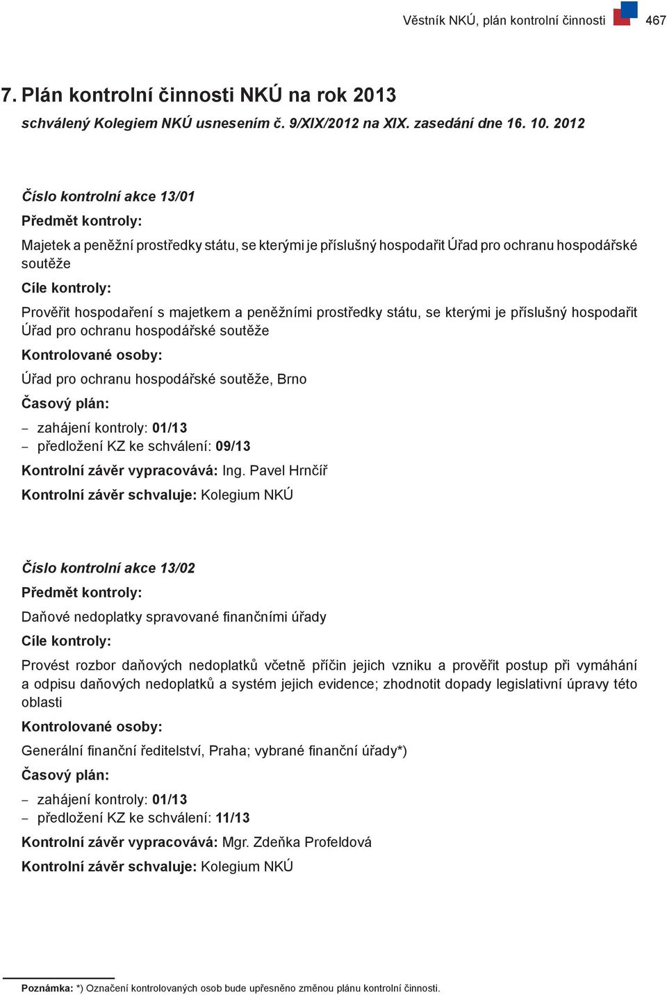 majetkem a peněžními prostředky státu, se kterými je příslušný hospodařit Úřad pro ochranu hospodářské soutěže Kontrolované osoby: Úřad pro ochranu hospodářské soutěže, Brno Časový plán: zahájení