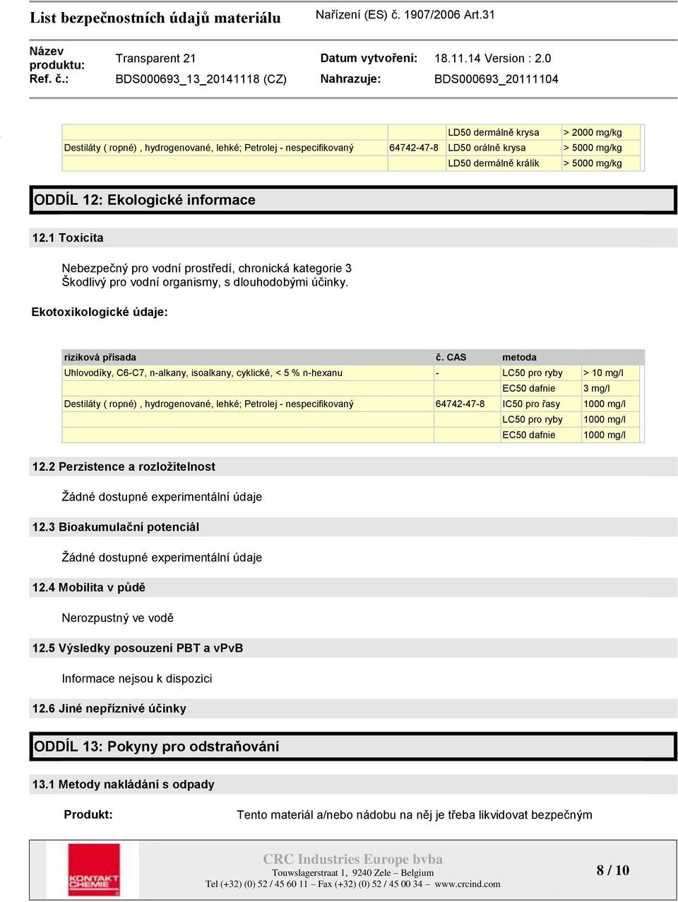 CAS metoda Uhlovodíky, C6-C7, n-alkany, isoalkany, cyklické, < 5 % n-hexanu - LC50 pro ryby > 10 mg/l EC50 dafnie 3 mg/l Destiláty ( ropné), hydrogenované, lehké; Petrolej - nespecifikovaný