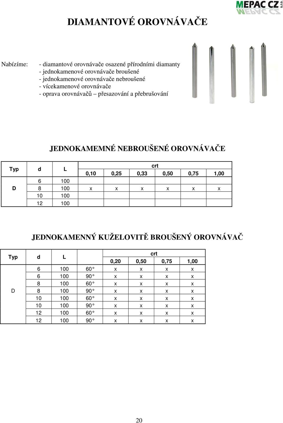 0,10 0,25 0,33 0,50 0,75 1,00 6 100 D 8 100 x x x x x x 10 100 12 100 JEDNOKAMENNÝ KUŽELOVITĚ BROUŠENÝ OROVNÁVAČ Typ d L crt 0,20 0,50 0,75