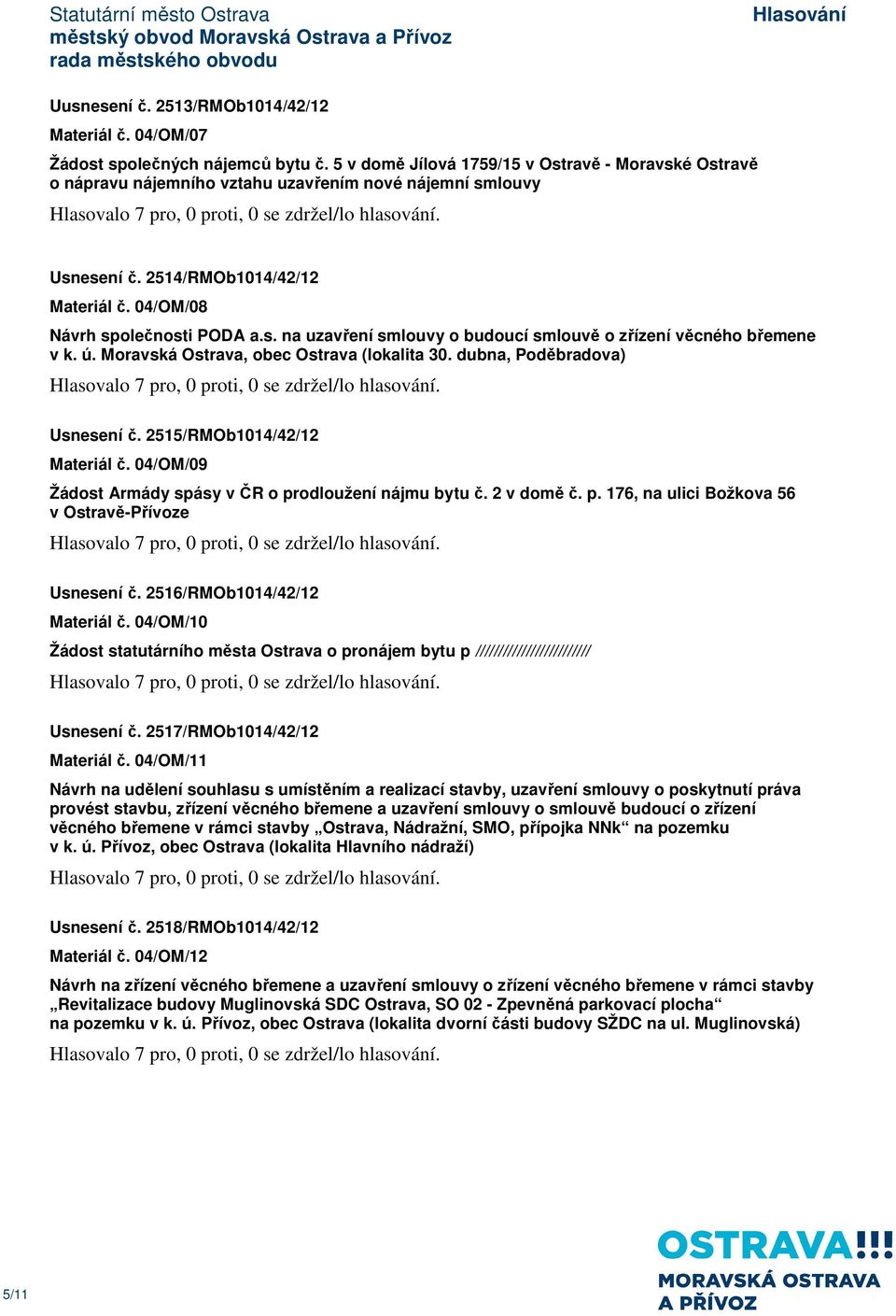 ú. Moravská Ostrava, obec Ostrava (lokalita 30. dubna, Poděbradova) Usnesení č. 2515/RMOb1014/42/12 Materiál č. 04/OM/09 Žádost Armády spásy v ČR o pr