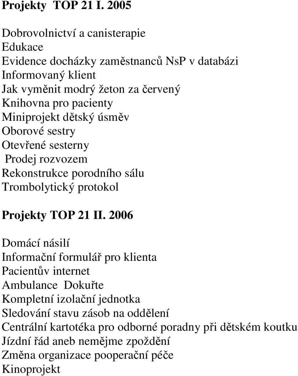 pro pacienty Miniprojekt dětský úsměv Oborové sestry Otevřené sesterny Prodej rozvozem Rekonstrukce porodního sálu Trombolytický protokol Projekty TOP 21