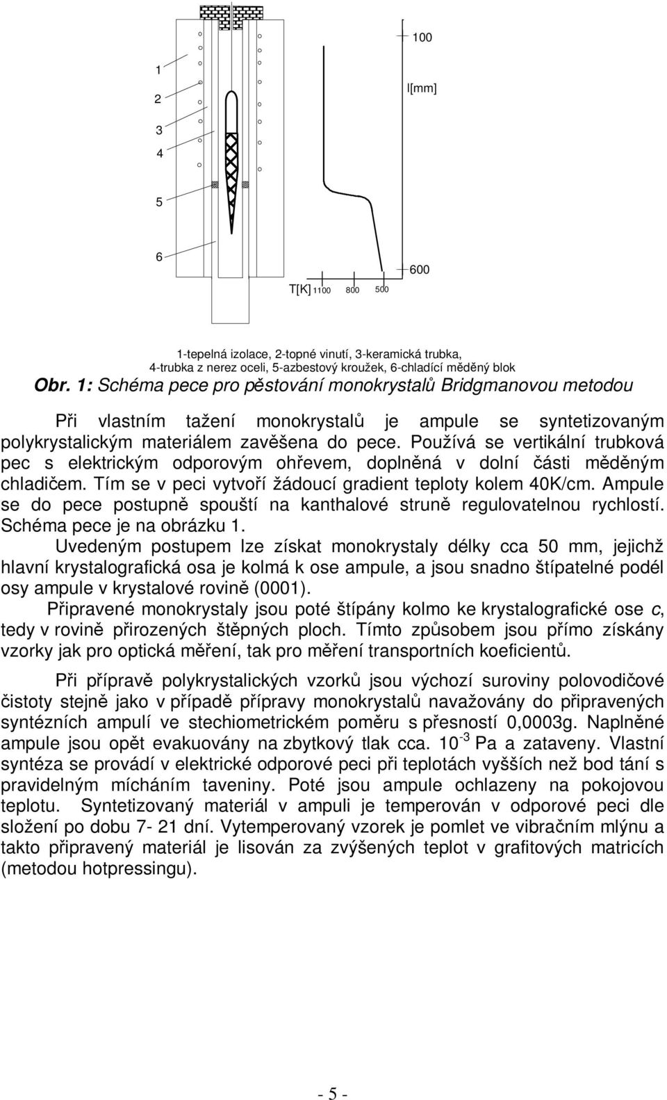 Používá se vertikální trubková pec s elektrickým odporovým ohřevem, doplněná v dolní části měděným chladičem. Tím se v peci vytvoří žádoucí gradient teploty kolem 40K/cm.