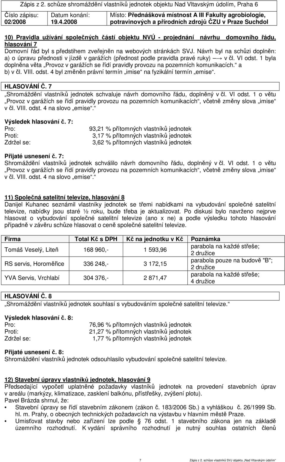 1 byla doplněna věta Provoz v garážích se řídí pravidly provozu na pozemních komunikacích. a b) v čl. VIII. odst. 4 byl změněn právní termín imise na fyzikální termín emise. HLASOVÁNÍ Č.