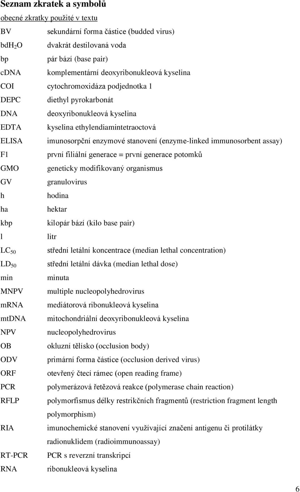 immunosorbent assay) F1 první filiální generace = první generace potomků GMO geneticky modifikovaný organismus GV granulovirus h hodina ha hektar kbp kilopár bází (kilo base pair) l litr LC 50 LD 50