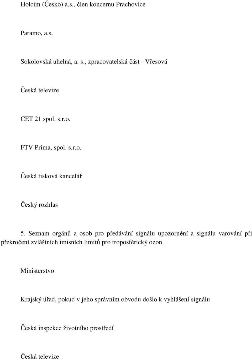 Seznam orgánů a osob pro předávání signálu upozornění a signálu varování při překročení zvláštních imisních limitů pro