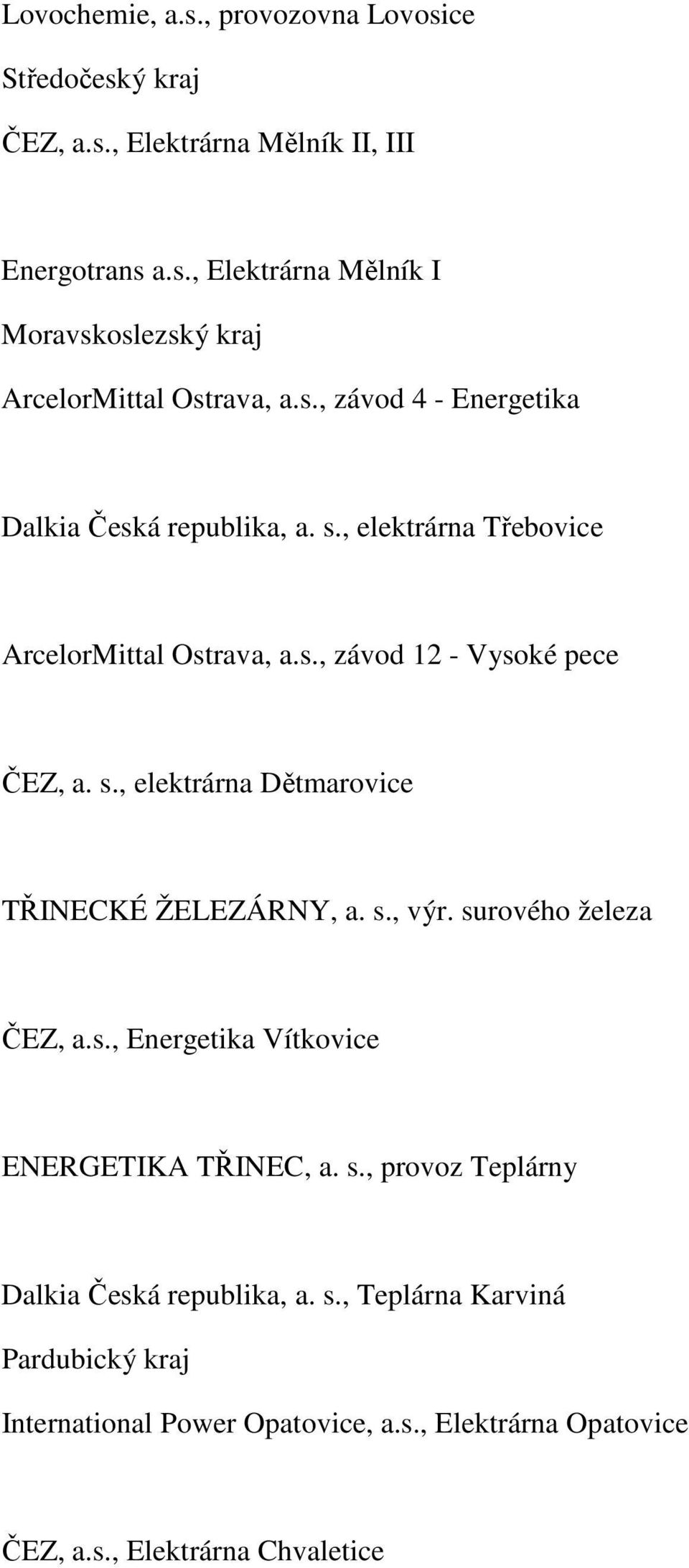 s., výr. surového železa ČEZ, a.s., Energetika Vítkovice ENERGETIKA TŘINEC, a. s., provoz Teplárny Dalkia Česká republika, a. s., Teplárna Karviná Pardubický kraj International Power Opatovice, a.