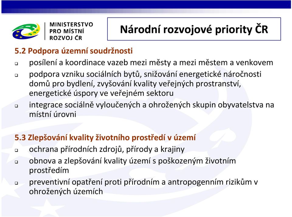 domů ů pro bdl bydlení, zvyšování íkvality veřejných ř prostranství, t energetické úspory ve veřejném sektoru integrace sociálně vyloučených a ohrožených