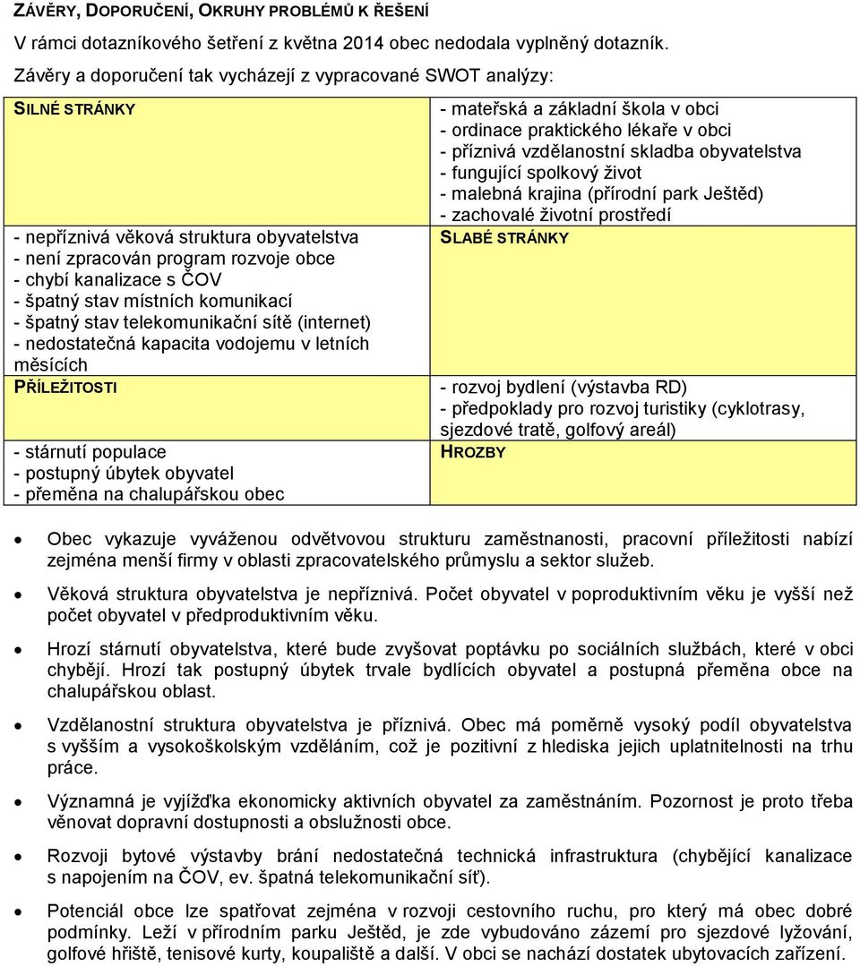 místních komunikací - špatný stav telekomunikační sítě (internet) - nedostatečná kapacita vodojemu v letních měsících PŘÍLEŽITOSTI - stárnutí populace - postupný úbytek obyvatel - přeměna na