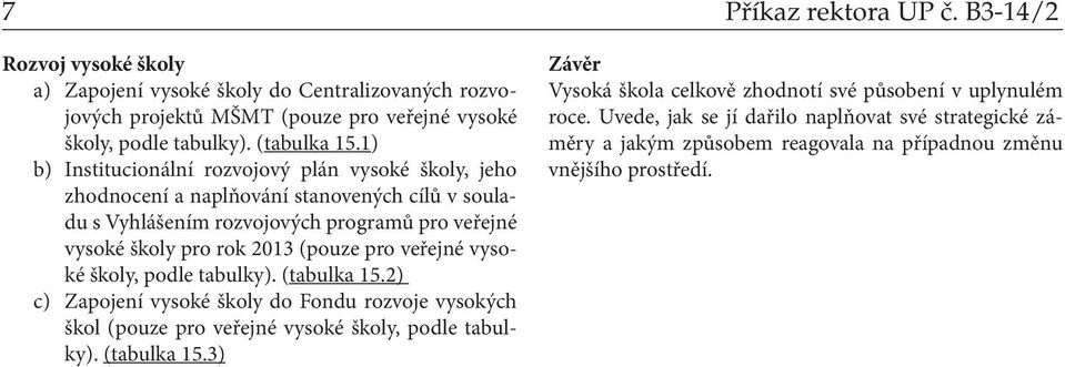 (pouze pro veřejné vysoké školy, podle tabulky). (tabulka 15.2) c) Zapojení vysoké školy do Fondu rozvoje vysokých škol (pouze pro veřejné vysoké školy, podle tabulky). (tabulka 15.3) Závěr Vysoká škola celkově zhodnotí své působení v uplynulém roce.