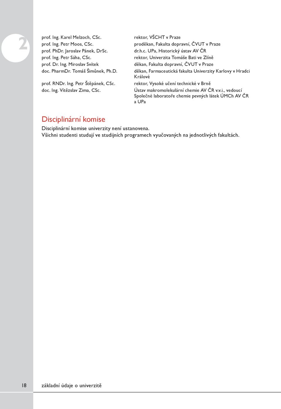 RNDr. Ing. Petr Štěpánek, CSc. rektor, Vysoké učení technické v Brně doc. Ing. Vítězslav Zima, CSc. Ústav makromolekulární chemie AV ČR v.v.i., vedoucí Společné laboratoře chemie pevných látek ÚMCh AV ČR a UPa Disciplinární komise Disciplinární komise univerzity není ustanovena.