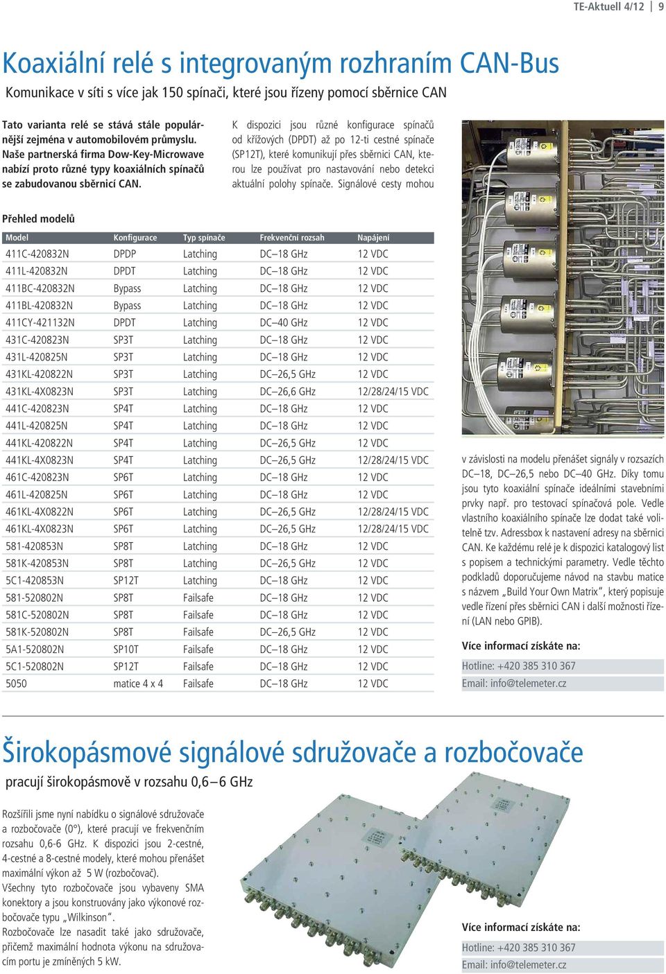 K dispozici jsou různé konfigurace spínačů od křížových (DPDT) až po 12-ti cestné spínače (SP12T), které komunikují přes sběrnici CAN, kterou lze používat pro nastavování nebo detekci aktuální polohy