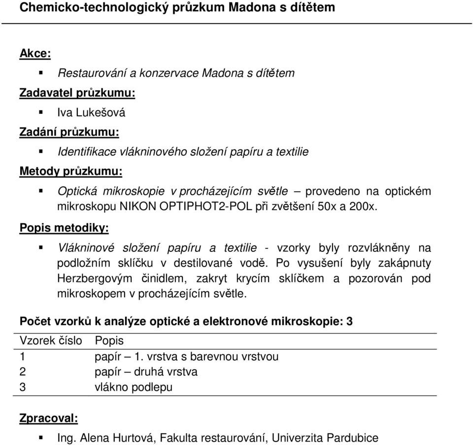 Popis metodiky: Vlákninové složení papíru a textilie - vzorky byly rozvlákněny na podložním sklíčku v destilované vodě.