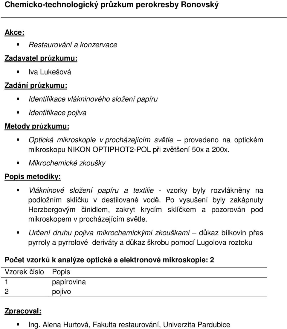 Mikrochemické zkoušky Popis metodiky: Vlákninové složení papíru a textilie - vzorky byly rozvlákněny na podložním sklíčku v destilované vodě.