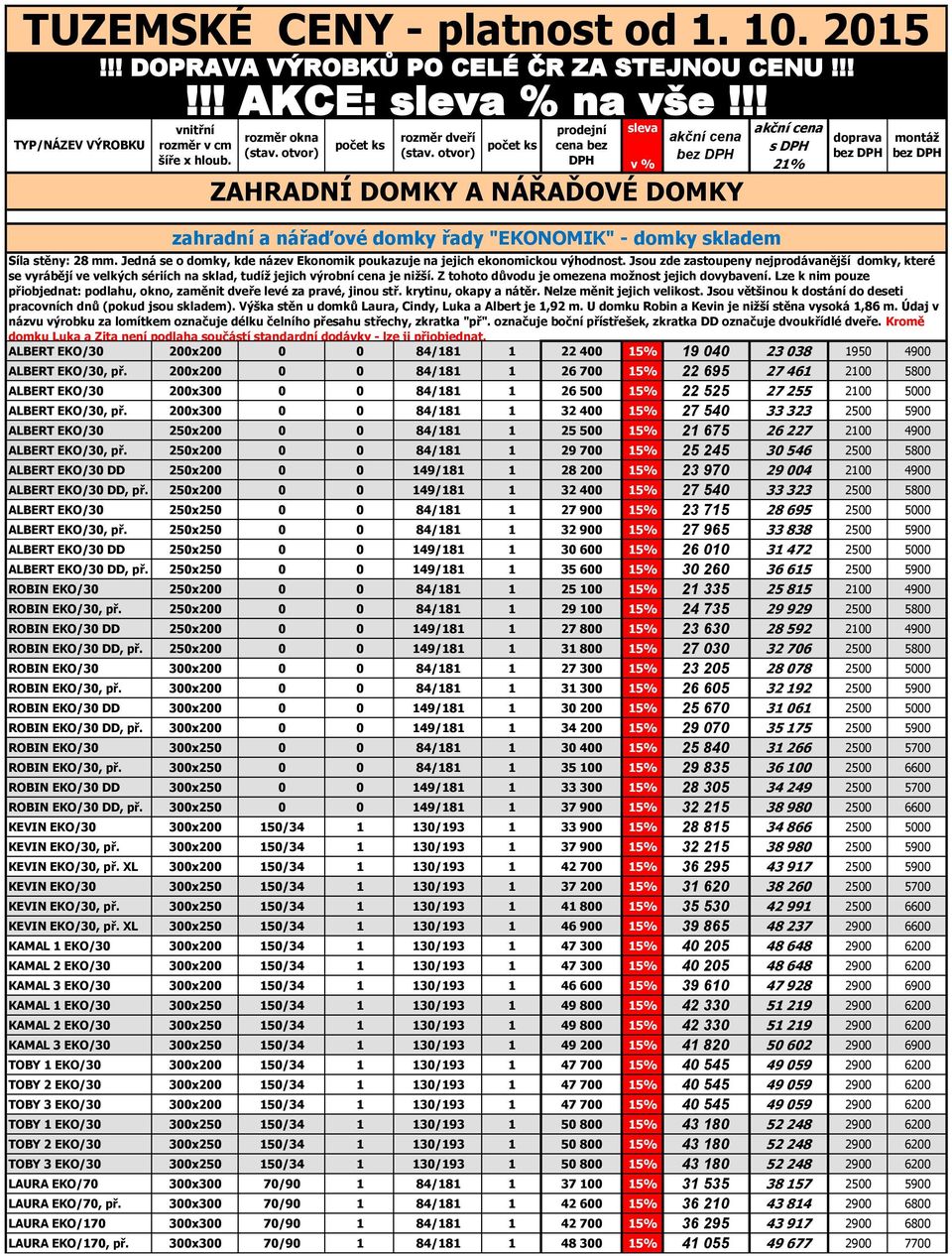 otvor) počet ks prodejní cena bez DPH sleva akční cena akční cena s DPH bez DPH v % 21% ZAHRADNÍ DOMKY A NÁŘAĎOVÉ DOMKY zahradní a nářaďové domky řady "EKONOMIK" - domky skladem doprava bez DPH