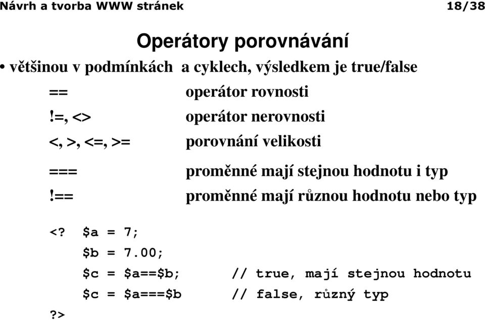 =, <> operátor nerovnosti <, >, <=, >= porovnání velikosti === proměnné mají stejnou hodnotu