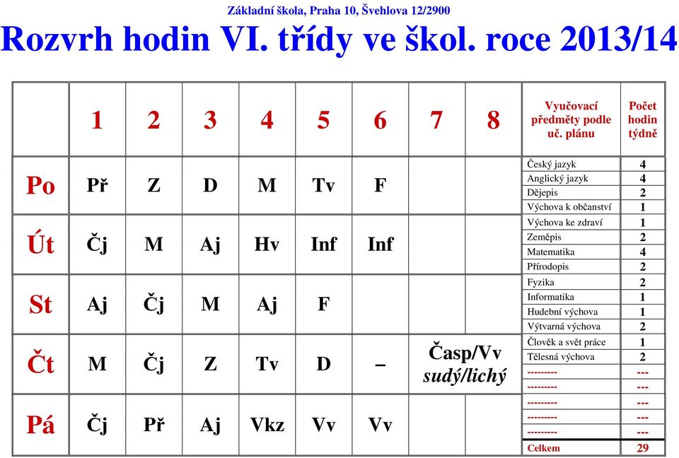 Př Aj Vkz Vv Vv Český jazyk 4 Dějepis 2 Výchova k občanství 1 Výchova ke zdraví 1