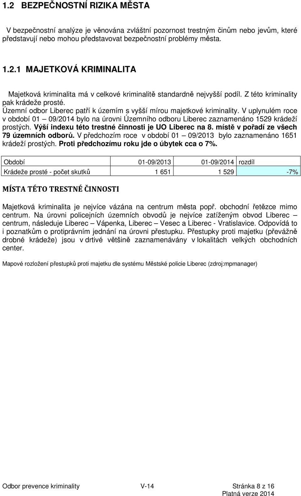 V uplynulém roce v období 01 09/2014 bylo na úrovni Územního odboru Liberec zaznamenáno 1529 krádeží prostých. Výší indexu této trestné činnosti je UO Liberec na 8.