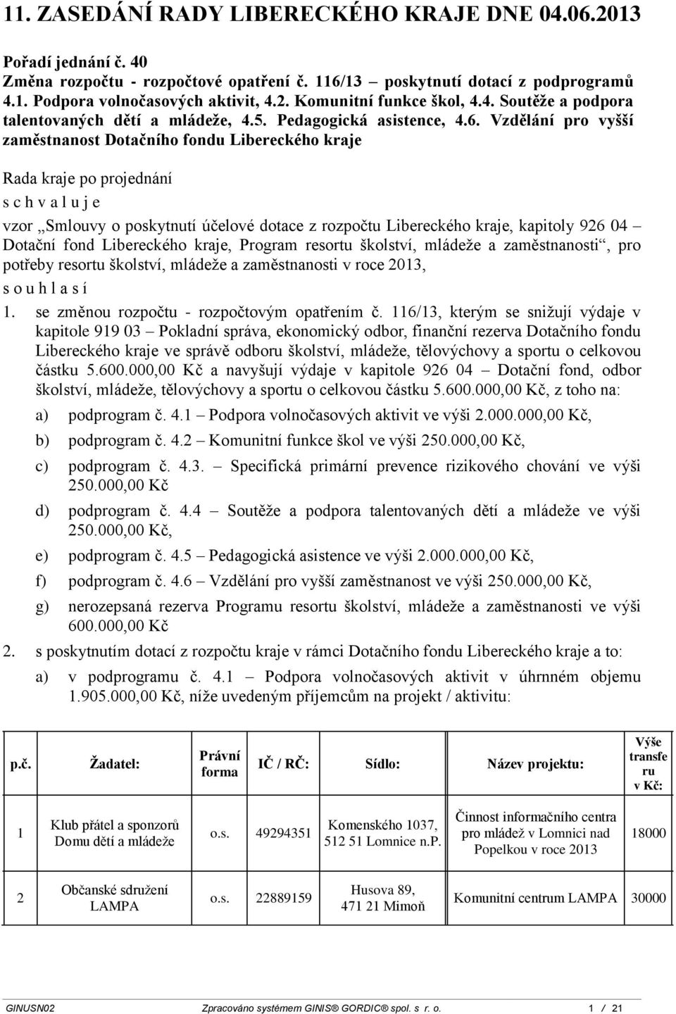 o poskytnutí účelové dotace z rozpočtu Libereckého kraje, kapitoly 96 04 Dotační fond Libereckého kraje, Program resortu školství, mládeže a zaměstnanosti, pro potřeby resortu školství, mládeže a