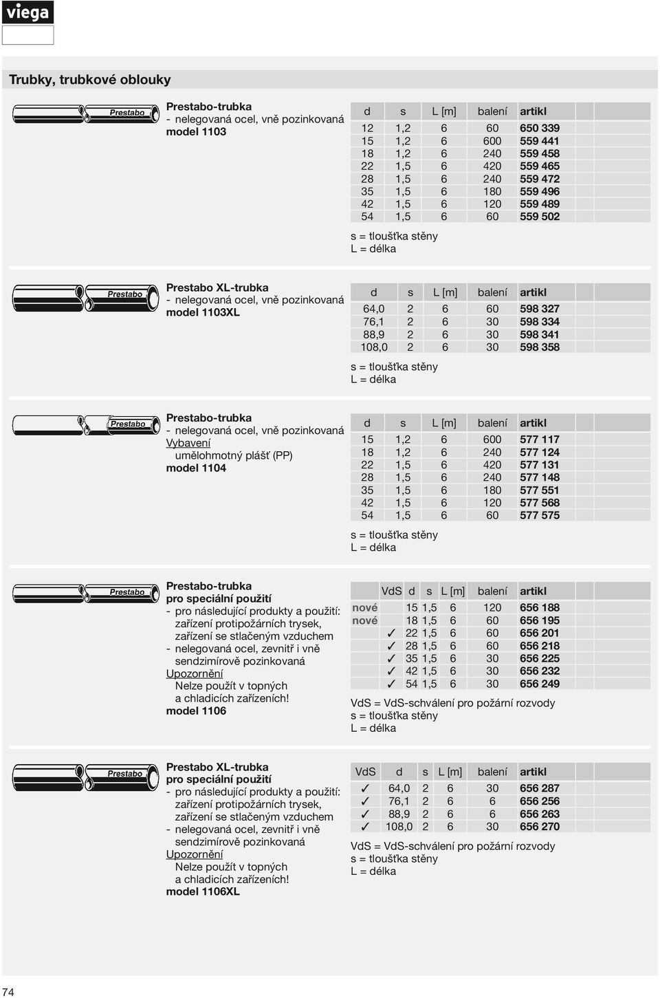 2 6 60 598 327 76,1 2 6 30 598 334 88,9 2 6 30 598 341 108,0 2 6 30 598 358 s = tloušťka stěny L = délka Prestabo- trubka nelegovaná ocel, vně pozinkovaná umělohmotný plášť (PP) model 1104 d s L [m]