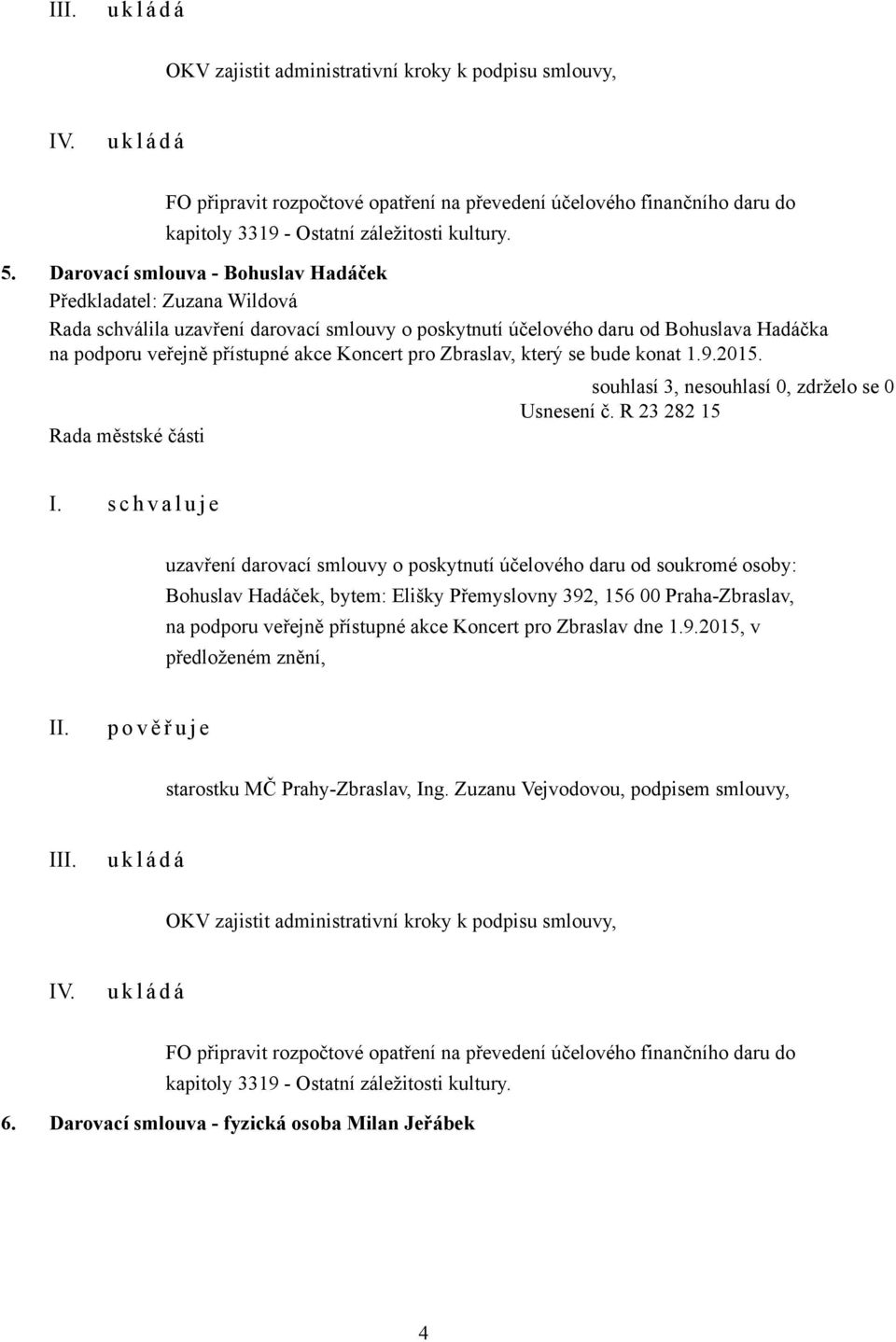 pro Zbraslav, který se bude konat 1.9.2015. Usnesení č. R 23 282 15 I.