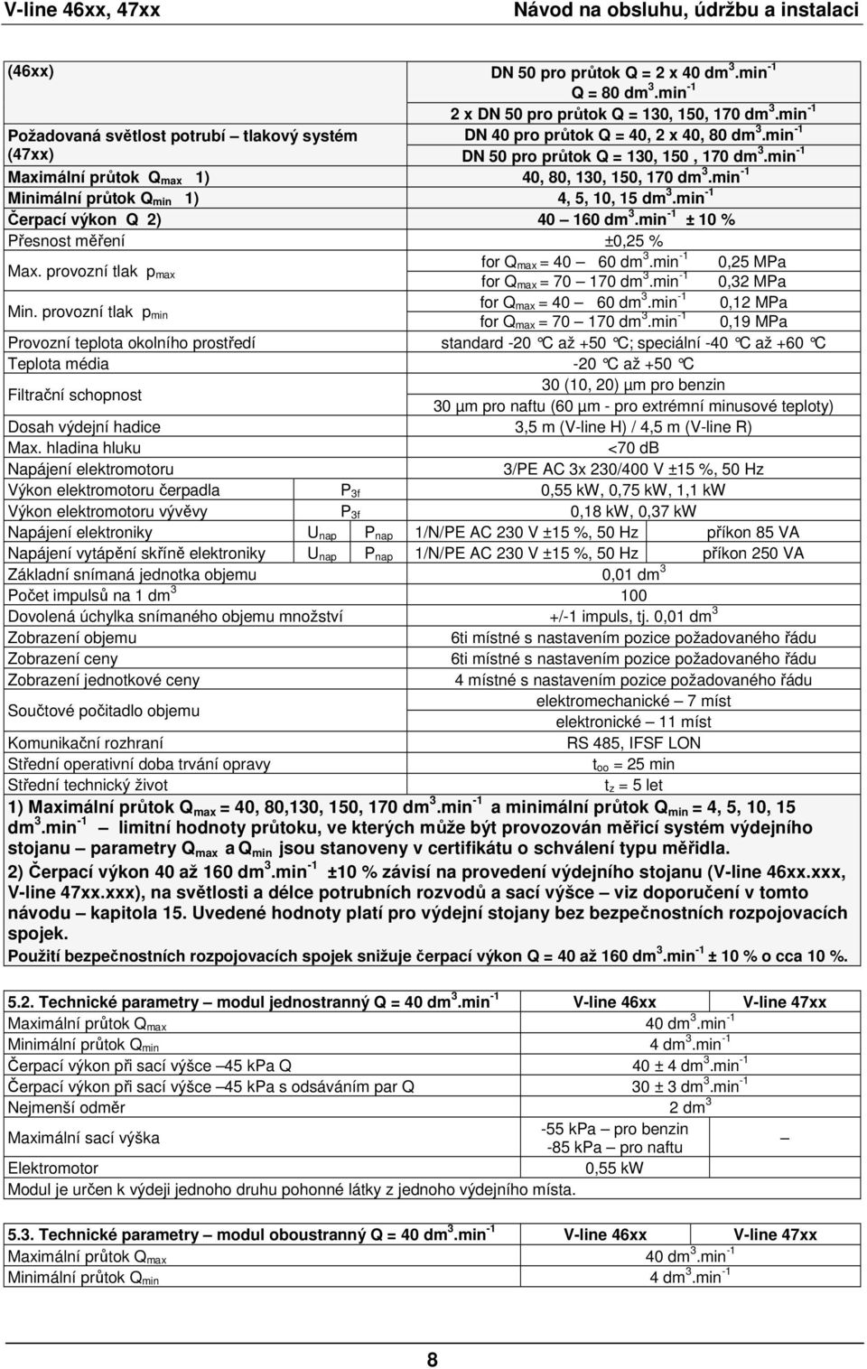 min -1 Maximální průtok Q max 1) 40, 80, 130, 150, 170 dm 3.min -1 Minimální průtok Q min 1) 4, 5, 10, 15 dm 3.min -1 Čerpací výkon Q 2) 40 160 dm 3.min -1 ± 10 % Přesnost měření ±0,25 % Max.