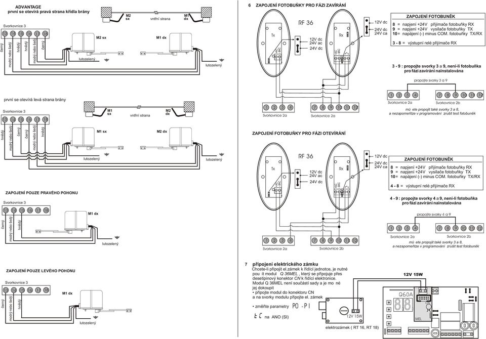fotobuòky TX/RX - 8 = výstupní relé pøijímaèe RX - 9 : propojte svorky a 9, není-li fotobuòka pro fázi nainstalována propojte svorky a 9 první se otevírá levá strana brány vntøní strana 1 4 7 8 9 10
