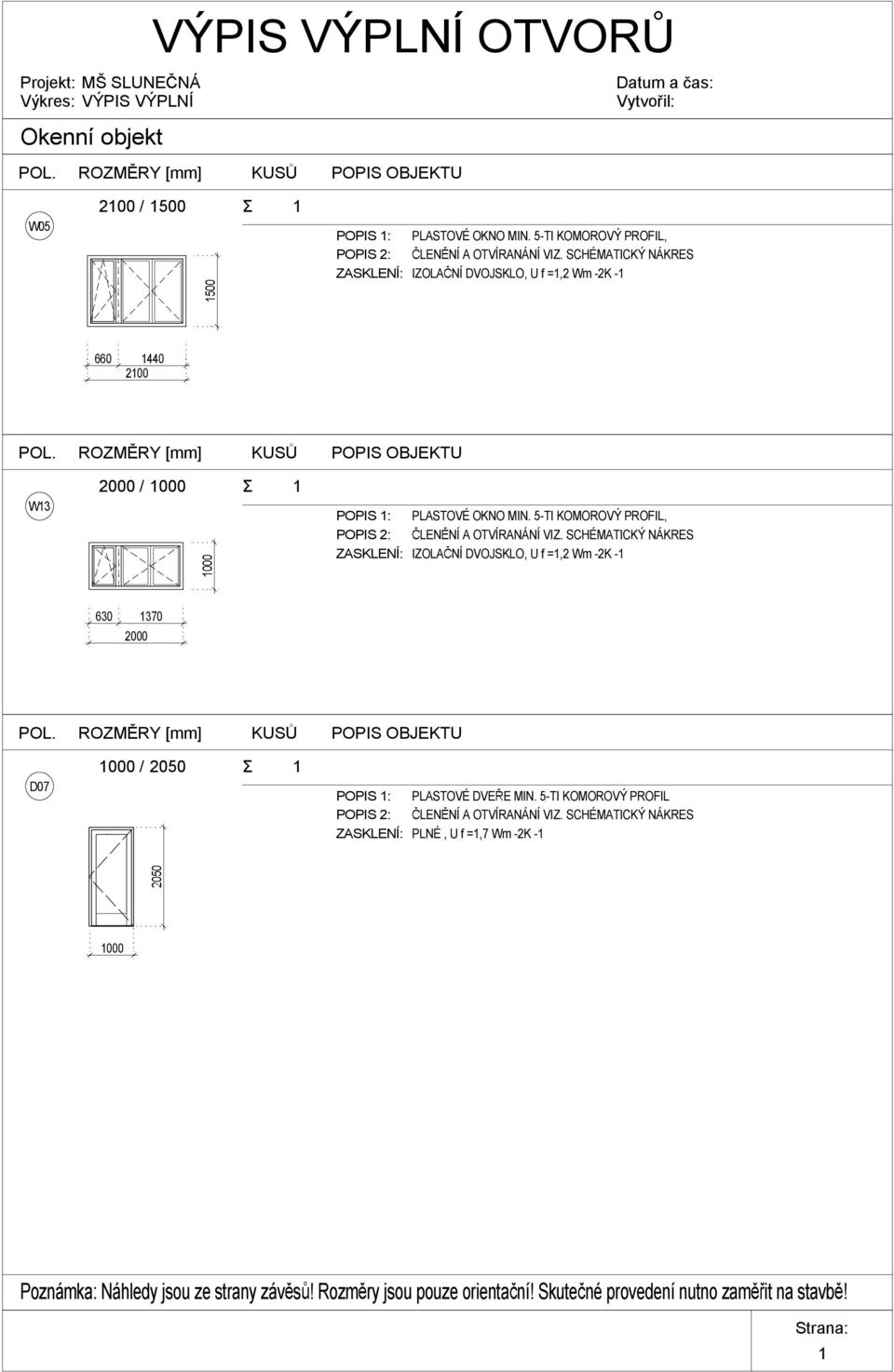 ROZM RY [mm] KUS POPIS OBJEKTU W13 2000 / 1000 1 POPIS1: POPIS2: ZASKLENÍ: PLASTOVÉ OKNOMIN. 5-TI KOMOROVÝ PROFIL, LEN NÍ AOTVÍRANÁNÍ VIZ.