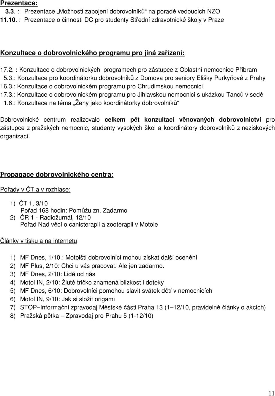 : Konzultace o dobrovolnických programech pro zástupce z Oblastní nemocnice Příbram 5.3.: Konzultace pro koordinátorku dobrovolníků z Domova pro seniory Elišky Purkyňové z Prahy 16.3.: Konzultace o dobrovolnickém programu pro Chrudimskou nemocnici 17.