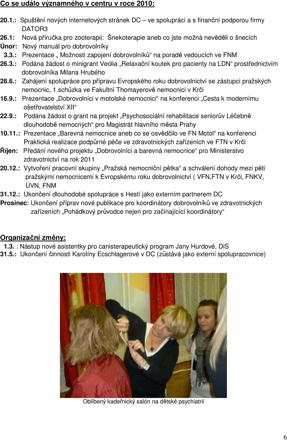 3.: Prezentace Možnosti zapojení dobrovolníků na poradě vedoucích ve FNM 26.3.: Podána žádost o minigrant Veolia Relaxační koutek pro pacienty na LDN prostřednictvím dobrovolníka Milana Hrubého 28.6.: Zahájení spolupráce pro přípravu Evropského roku dobrovolnictví se zástupci pražských nemocnic, 1.