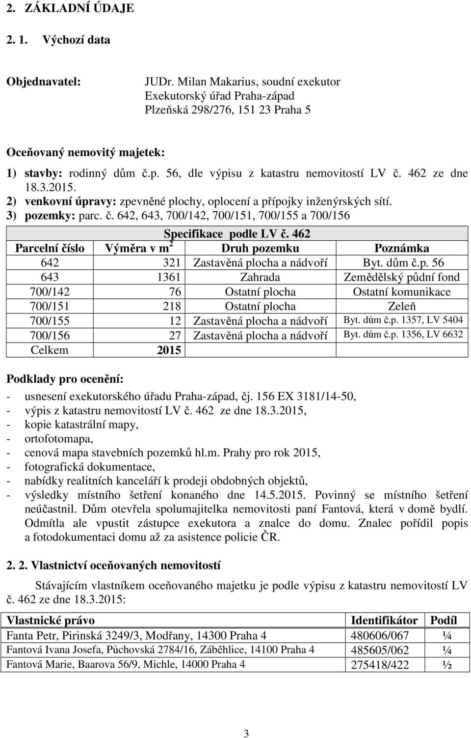 462 ze dne 18.3.2015. 2) venkovní úpravy: zpevněné plochy, oplocení a přípojky inženýrských sítí. 3) pozemky: parc. č. 642, 643, 700/142, 700/151, 700/155 a 700/156 Specifikace podle LV č.