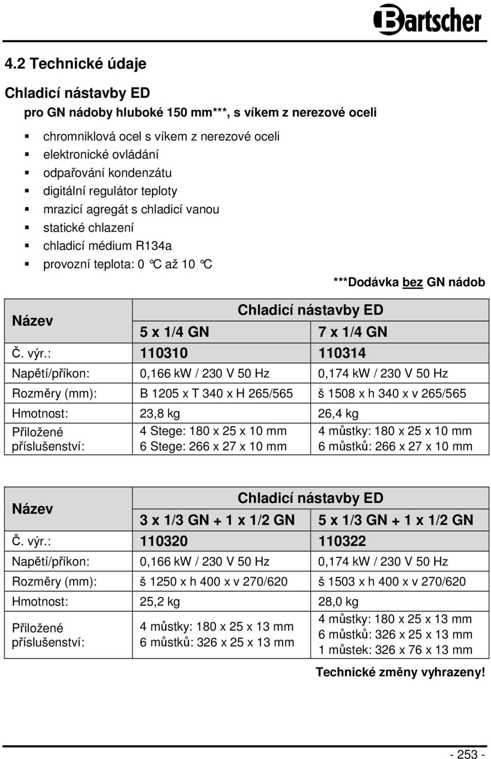 výr.: 110310 110314 Napětí/příkon: 0,166 kw / 230 V 50 Hz 0,174 kw / 230 V 50 Hz Rozměry (mm): B 1205 x T 340 x H 265/565 š 1508 x h 340 x v 265/565 Hmotnost: 23,8 kg 26,4 kg Přiložené příslušenství: