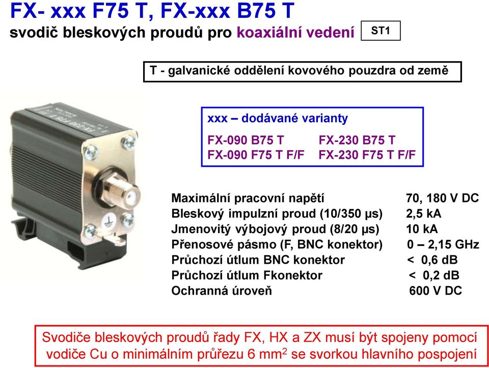 (8/20 µs) Přenosové pásmo (F, BNC konektor) Průchozí útlum BNC konektor Průchozí útlum Fkonektor Ochranná úroveň 70, 180 V DC 2,5 ka 10 ka 0 2,15 GHz <