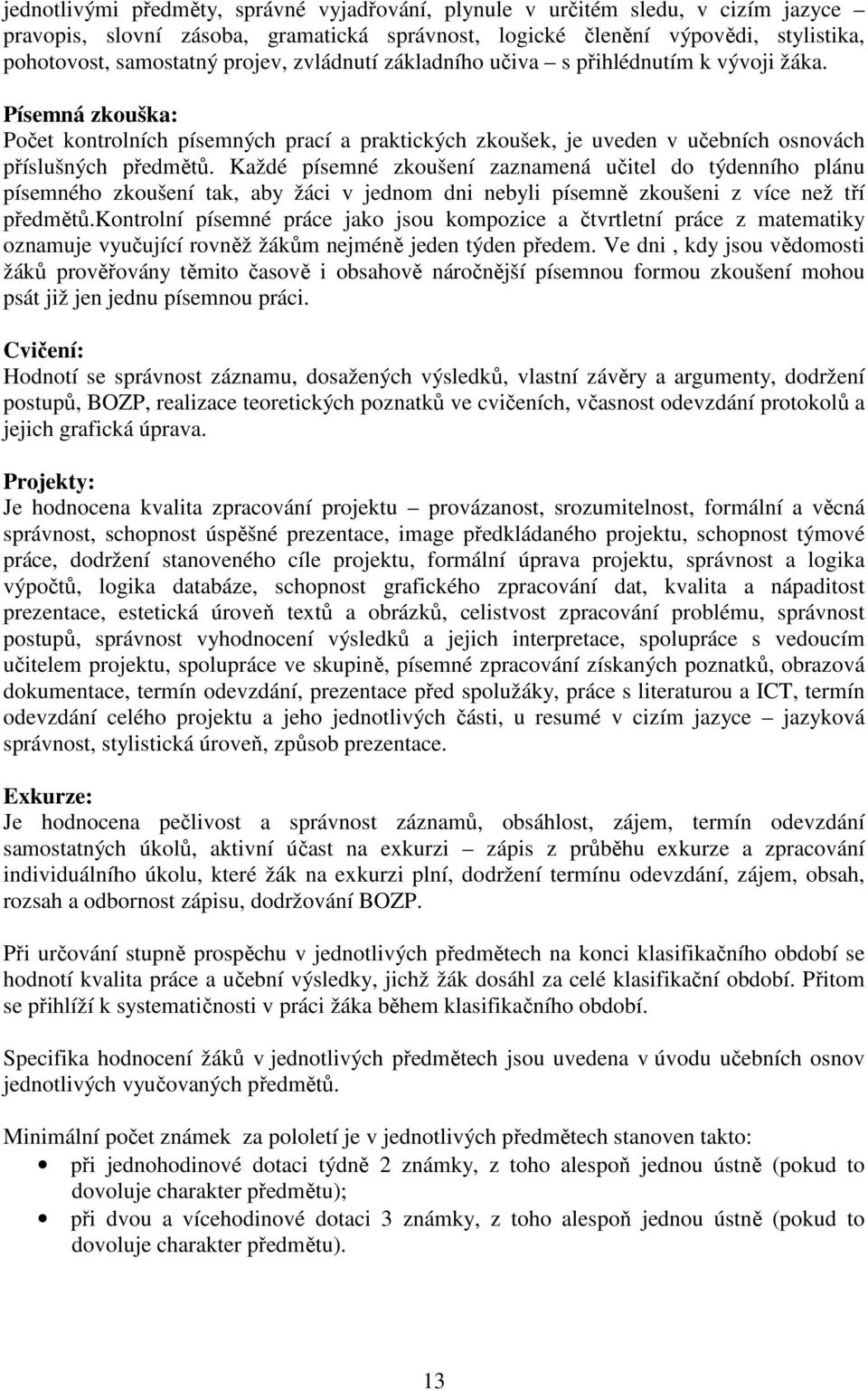 Každé písemné zkoušení zaznamená učitel do týdenního plánu písemného zkoušení tak, aby žáci v jednom dni nebyli písemně zkoušeni z více než tří předmětů.