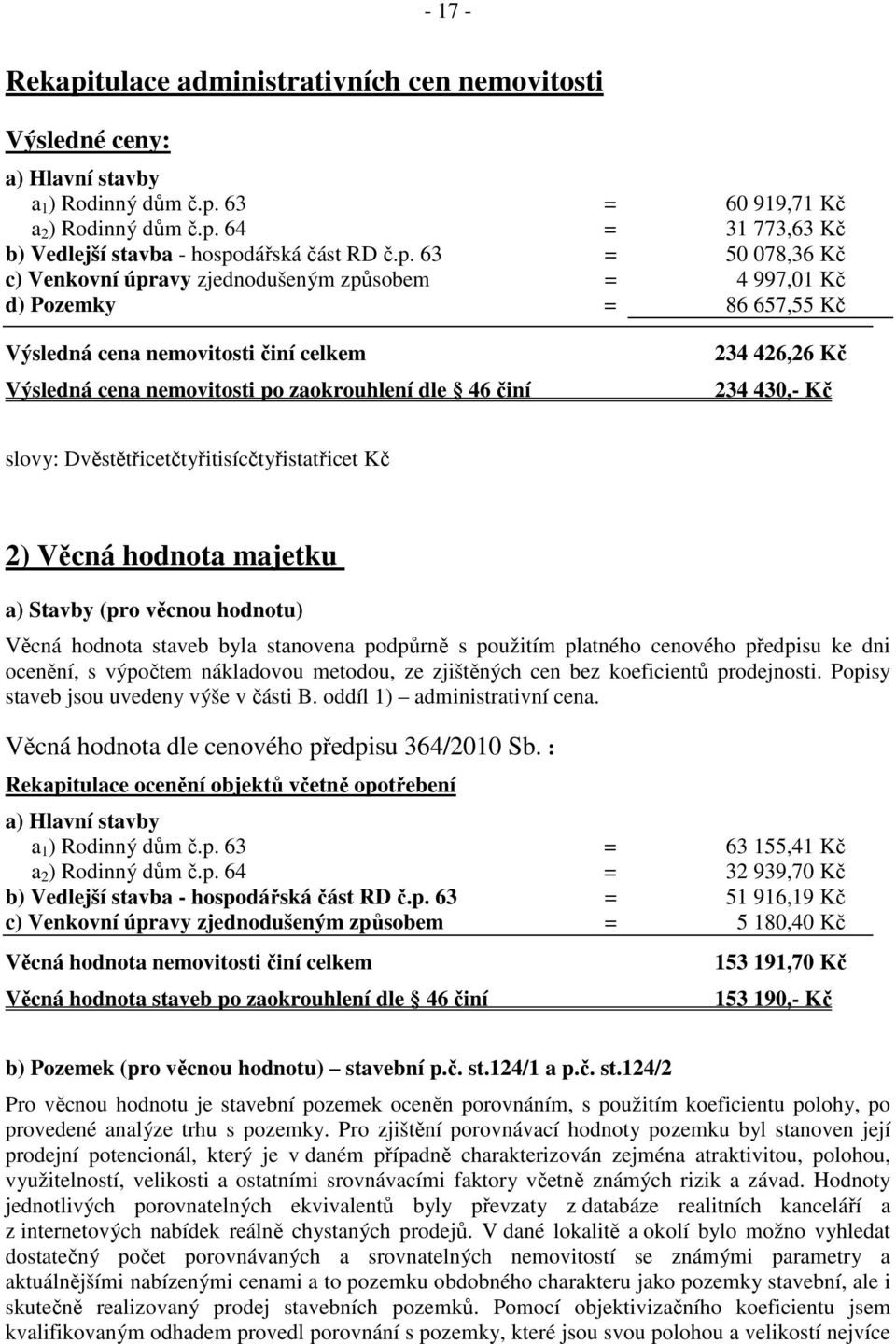 426,26 Kč 234 430,- Kč slovy: Dvěstětřicetčtyřitisícčtyřistatřicet Kč 2) Věcná hodnota majetku a) Stavby (pro věcnou hodnotu) Věcná hodnota staveb byla stanovena podpůrně s použitím platného cenového