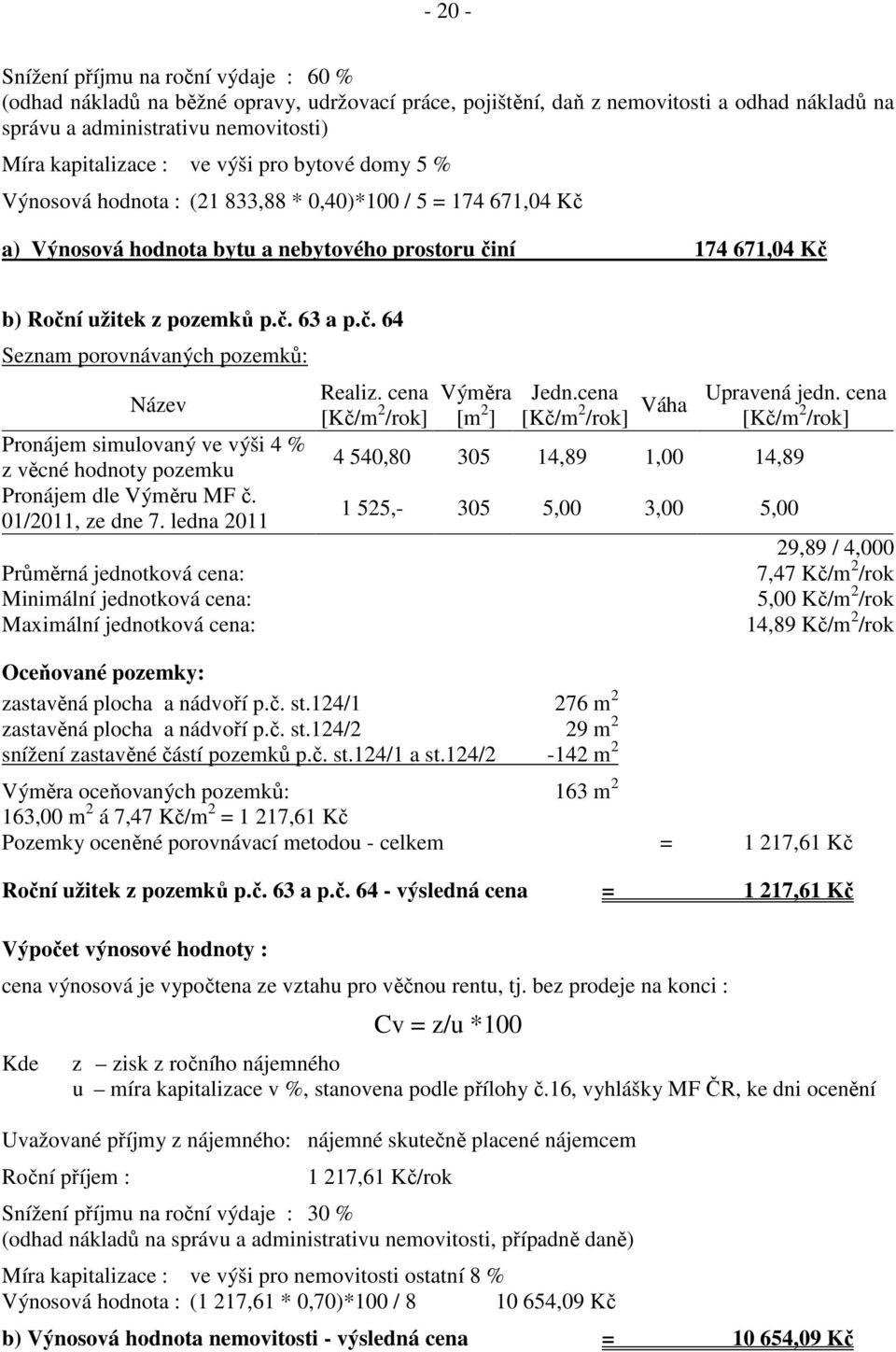 a) Výnosová hodnota bytu a nebytového prostoru činí 174 671,04 Kč b) Roční užitek z pozemků p.č. 63 a p.č. 64 Seznam porovnávaných pozemků: Název Pronájem simulovaný ve výši 4 % z věcné hodnoty pozemku Pronájem dle Výměru MF č.