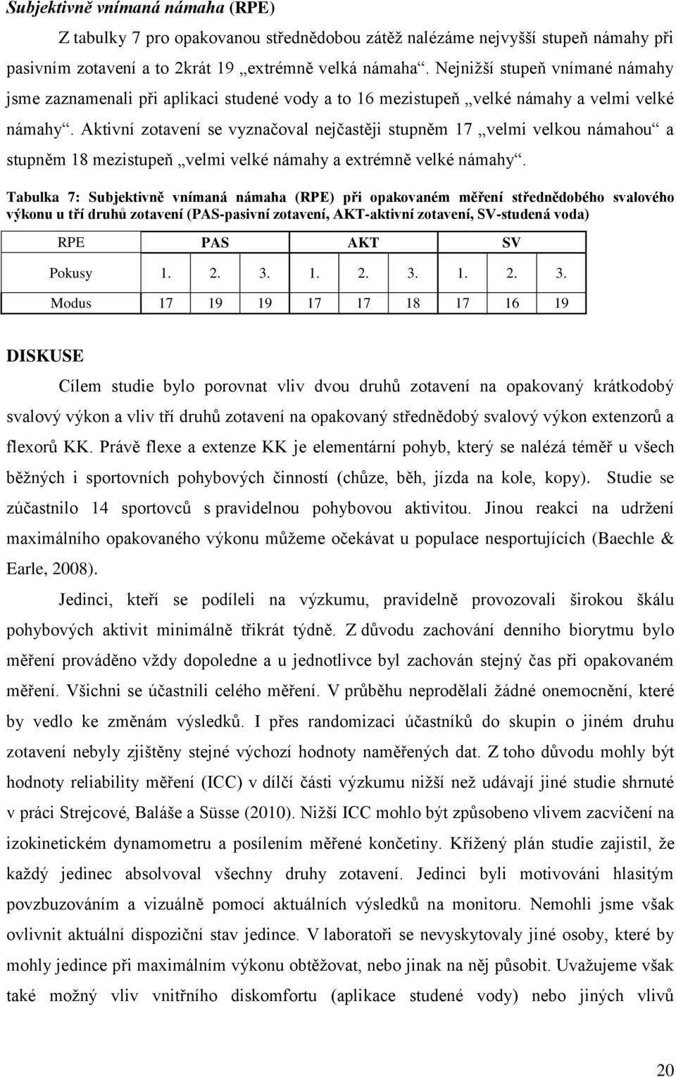 Aktivní zotavení se vyznačoval nejčastěji stupněm 17 velmi velkou námahou a stupněm 18 mezistupeň velmi velké námahy a extrémně velké námahy.