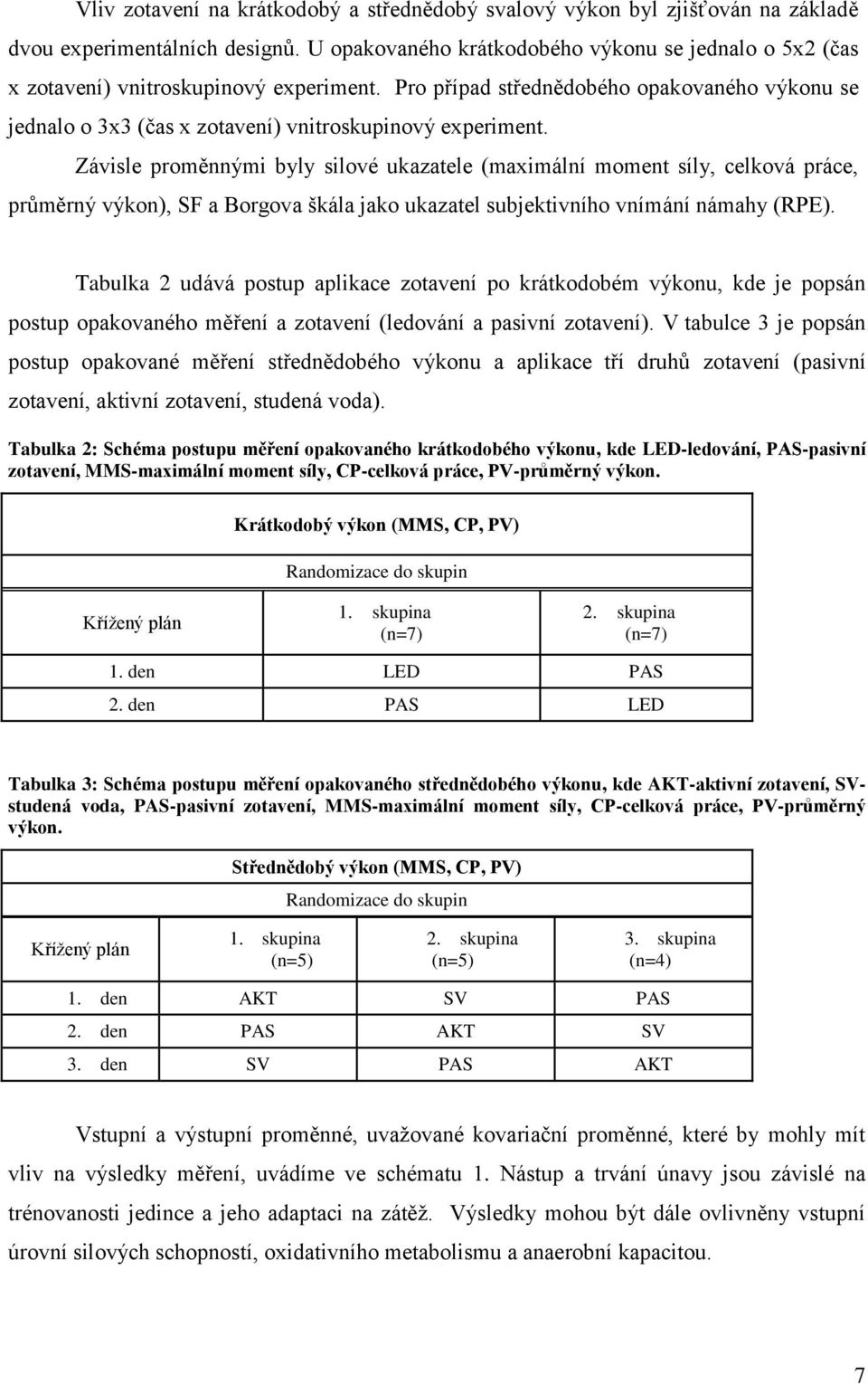 Pro případ střednědobého opakovaného výkonu se jednalo o 3x3 (čas x zotavení) vnitroskupinový experiment.